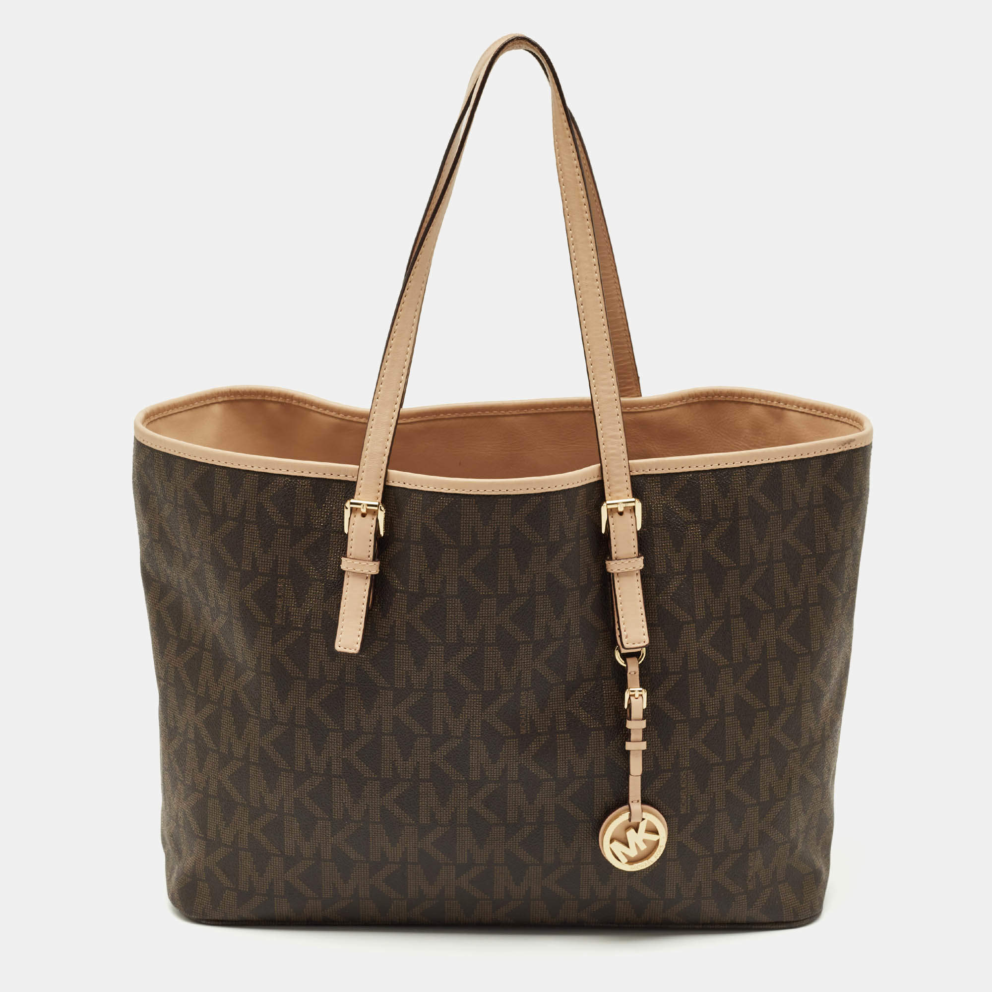 Pre Owned MICHAEL Michael Kors Dark Brown Signature Coated Canvas Large Jet Set Travel Tote