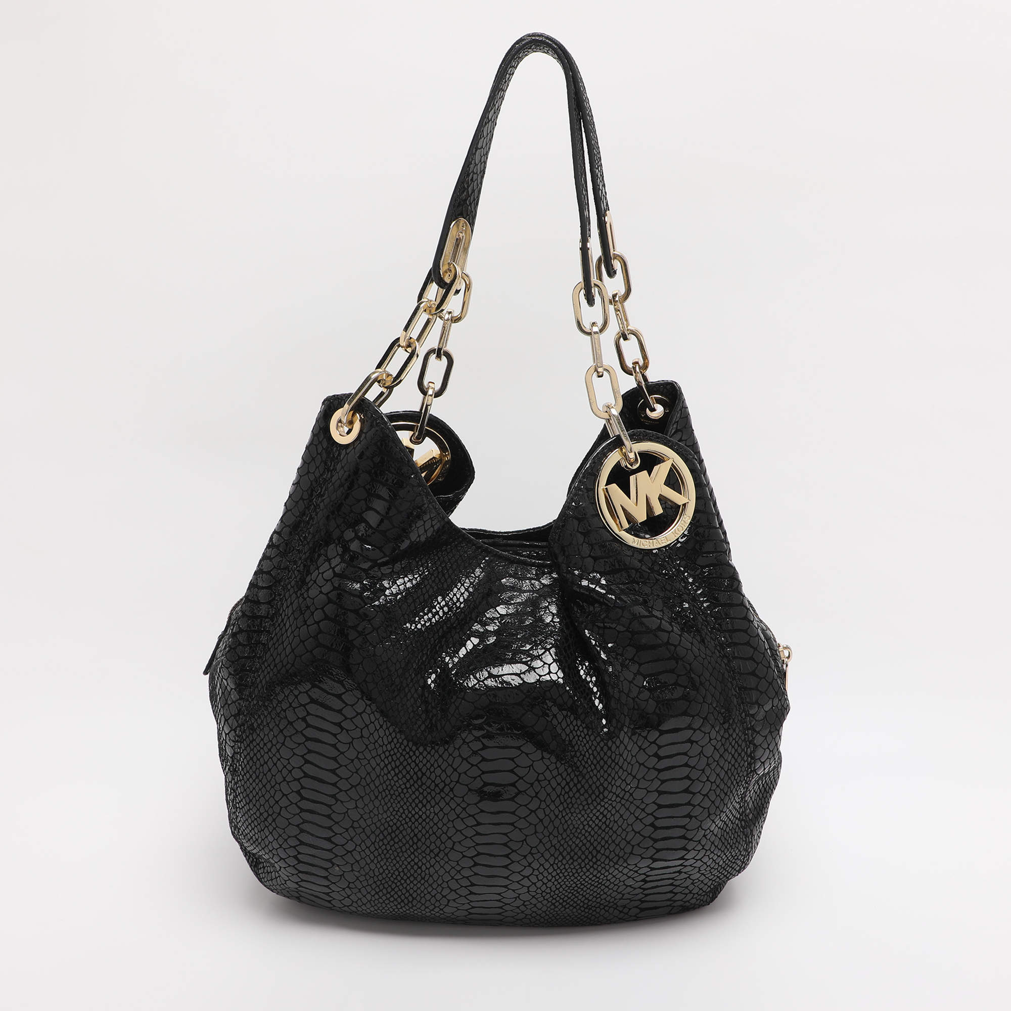 Pre Owned MICHAEL Michael Kors Black Python Effect Leather Fulton Hobo