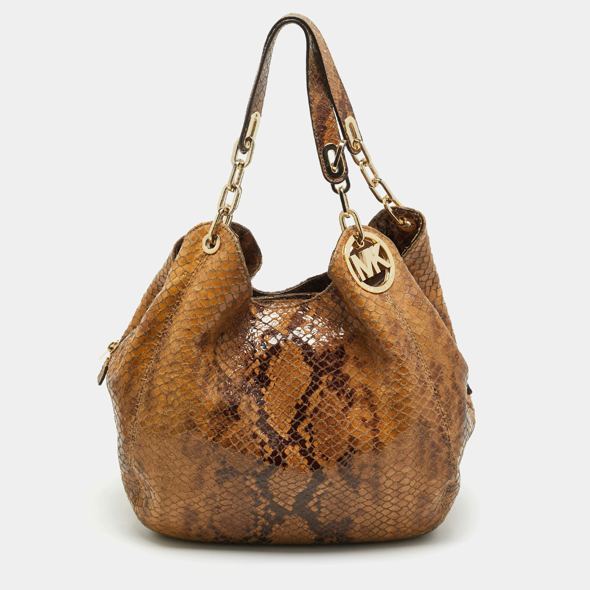 Pre Owned MICHAEL Michael Kors Brown Suede Python Effect Lillie Hobo