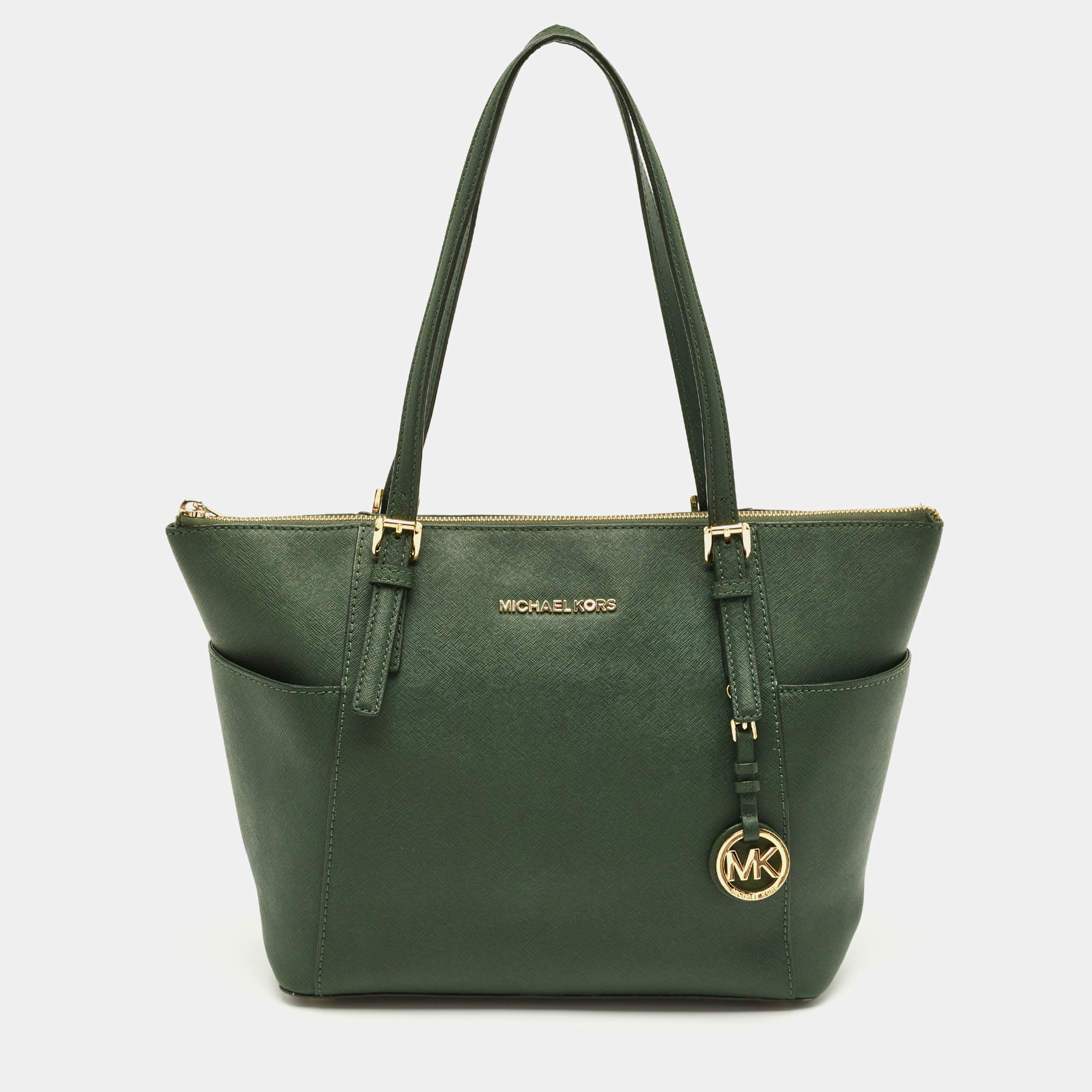 مملوكة مسبقًا MICHAEL Michael Kors Green Leather Jet Set Top Zip Tote