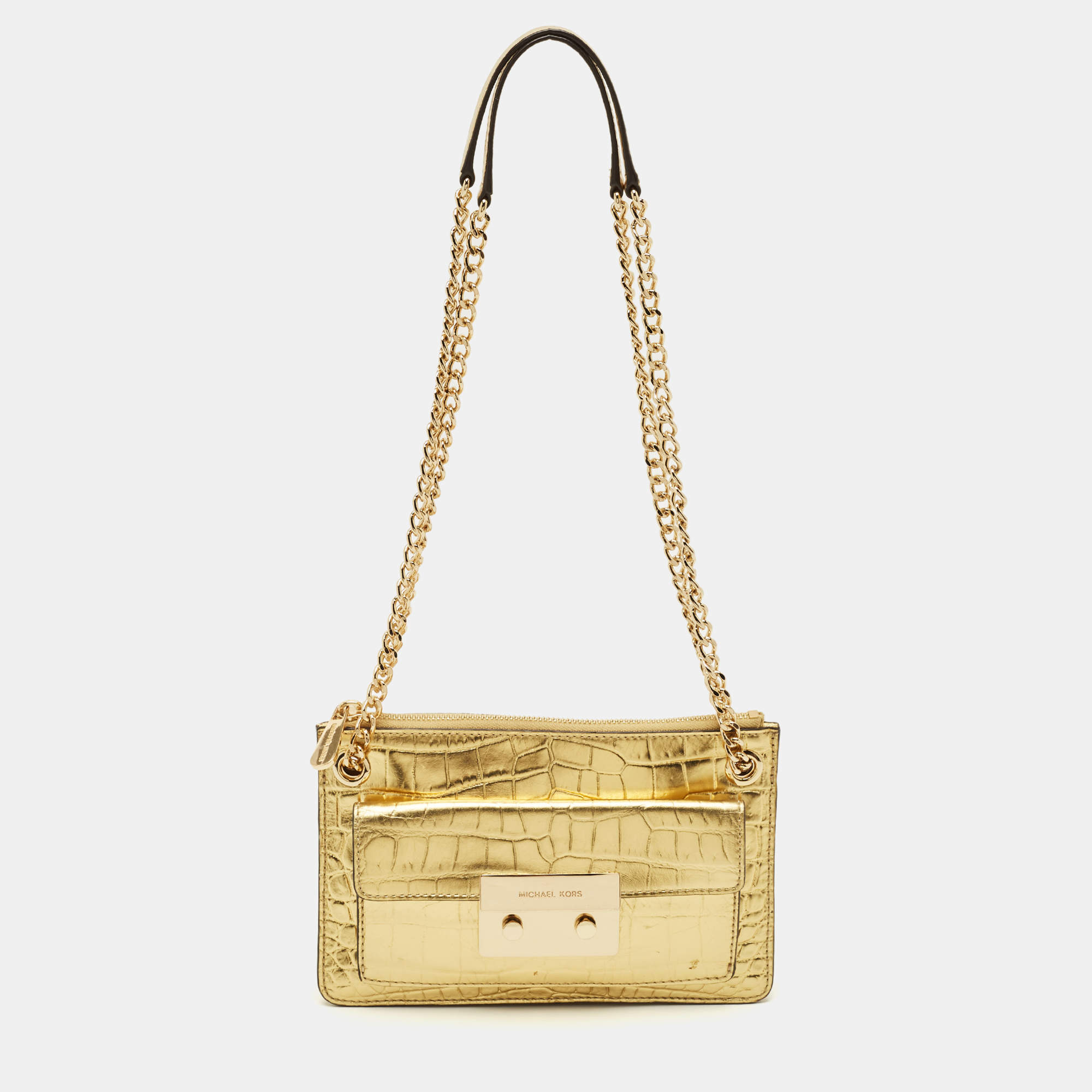Pre Owned MICHAEL Michael Kors Flat Sloan Gold Croc Embossed Leather Shoulder Bag