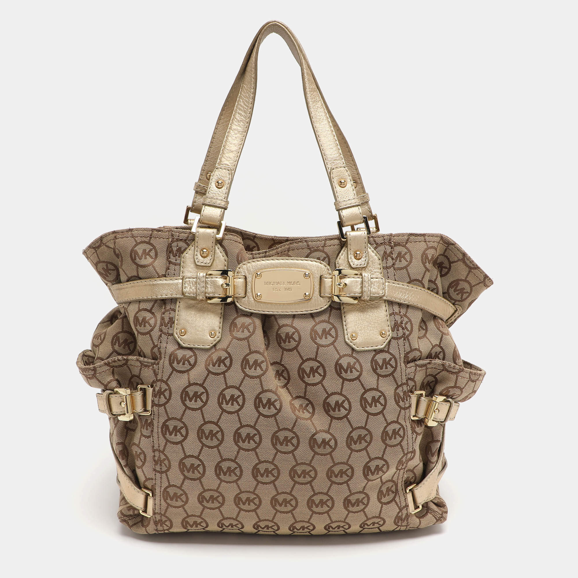 Pre Owned MICHAEL Michael Kors Gansevoort Beige/Gold Signature Canvas and Leather Tote