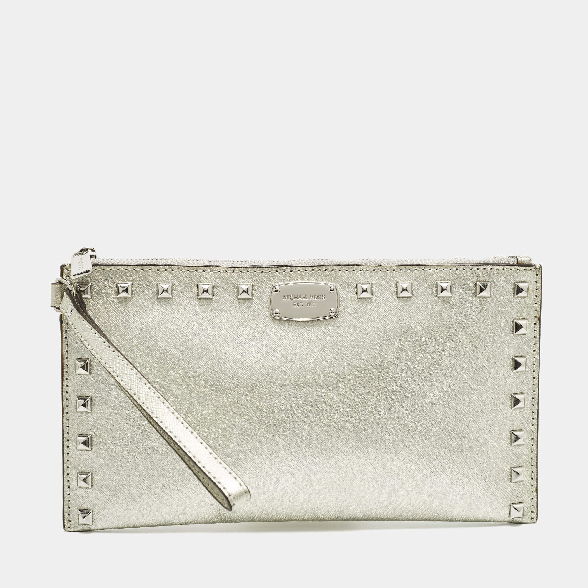 مملوكة مسبقًا MICHAEL Michael Kors Silver Saffiano Leather Studded Flat Wristlet Pouch