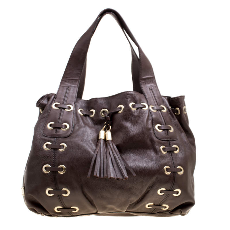 Pre Owned Michael Michael Kors Brown Leather Astor Grommet Drawstring Tote