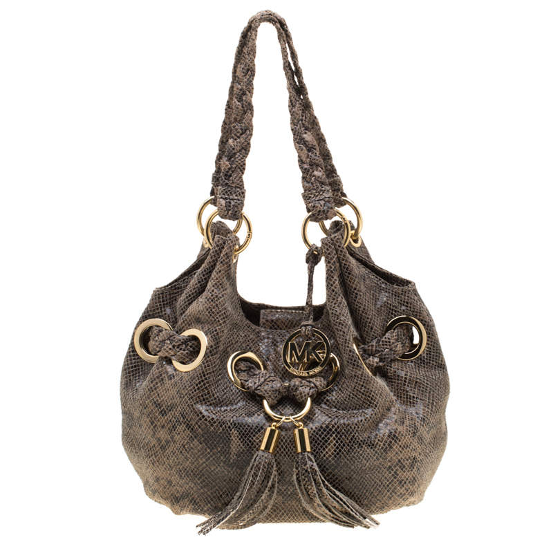 Pre Owned Michael Michael Kors Beige/Black Monochrome Python-Embossed Leather Tassel Hobo
