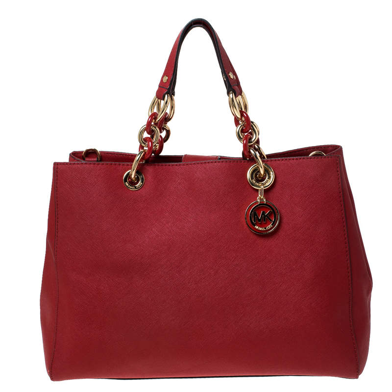 Pre Owned MICHAEL Michael Kors Red Leather Large Cynthia Tote