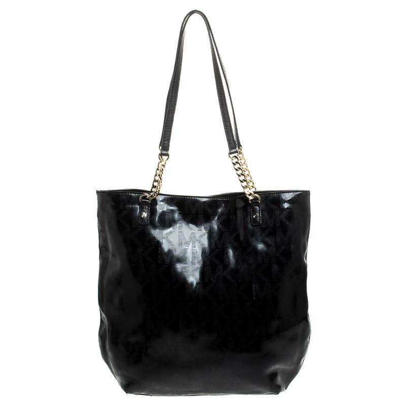 مملوكة مسبقًا MICHAEL Michael Kors Black Signature Patent Leather Chain Tote