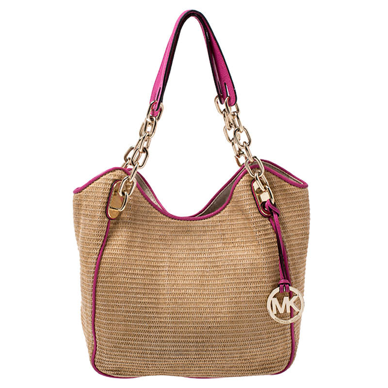 Pre Owned حقيبة مايكل مايكل كورس رافية وجلد وردي/بني مغزولة بسلسلة