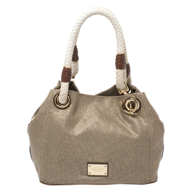 Pre Owned حقيبة يد مايكل مايكل كورس Marina Grab صغيرة كانفاس ذهبية ميتالك