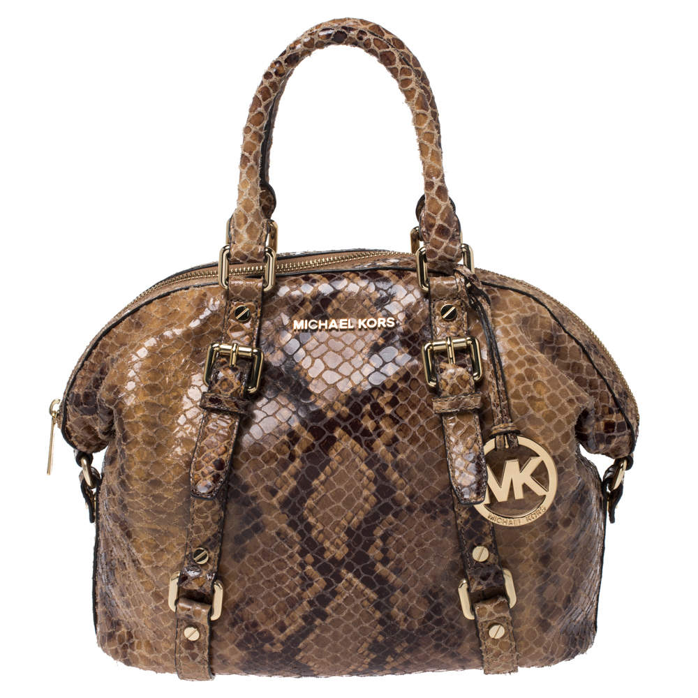 Pre Owned MICHAEL Michael Kors Brown Python Effect Suede Satchel
