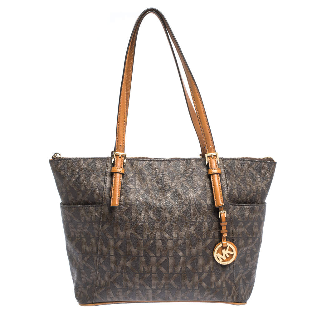 Pre Owned MICHAEL Michael Kors Dark Brown Signature Coated Canvas and Leather Jet Set Top Zip Tote