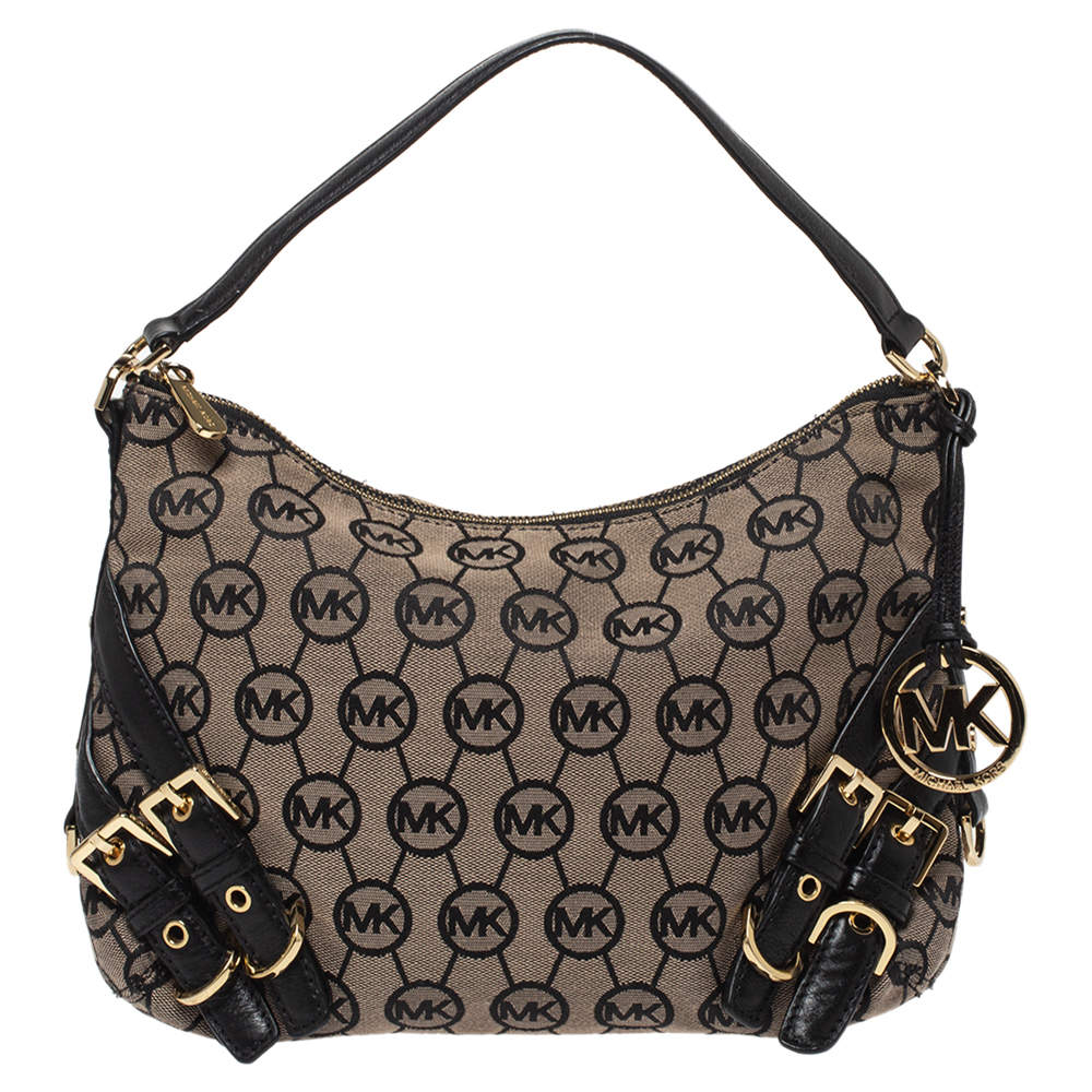 Pre Owned MICHAEL Michael Kors Beige/Black Canvas and Leather Hobo
