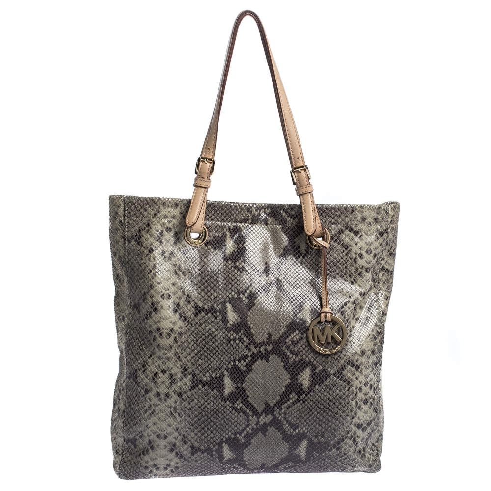 Pre Owned Michael Michael Kors Beige/Grey Python Effect Leather North South Tote