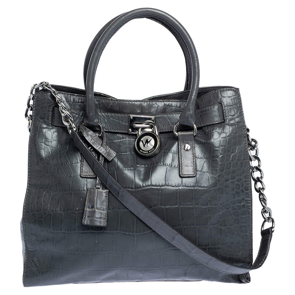 Pre Owned Michael Michael Kors Grey Croc Embossed Leather Large Hamilton North South Tote