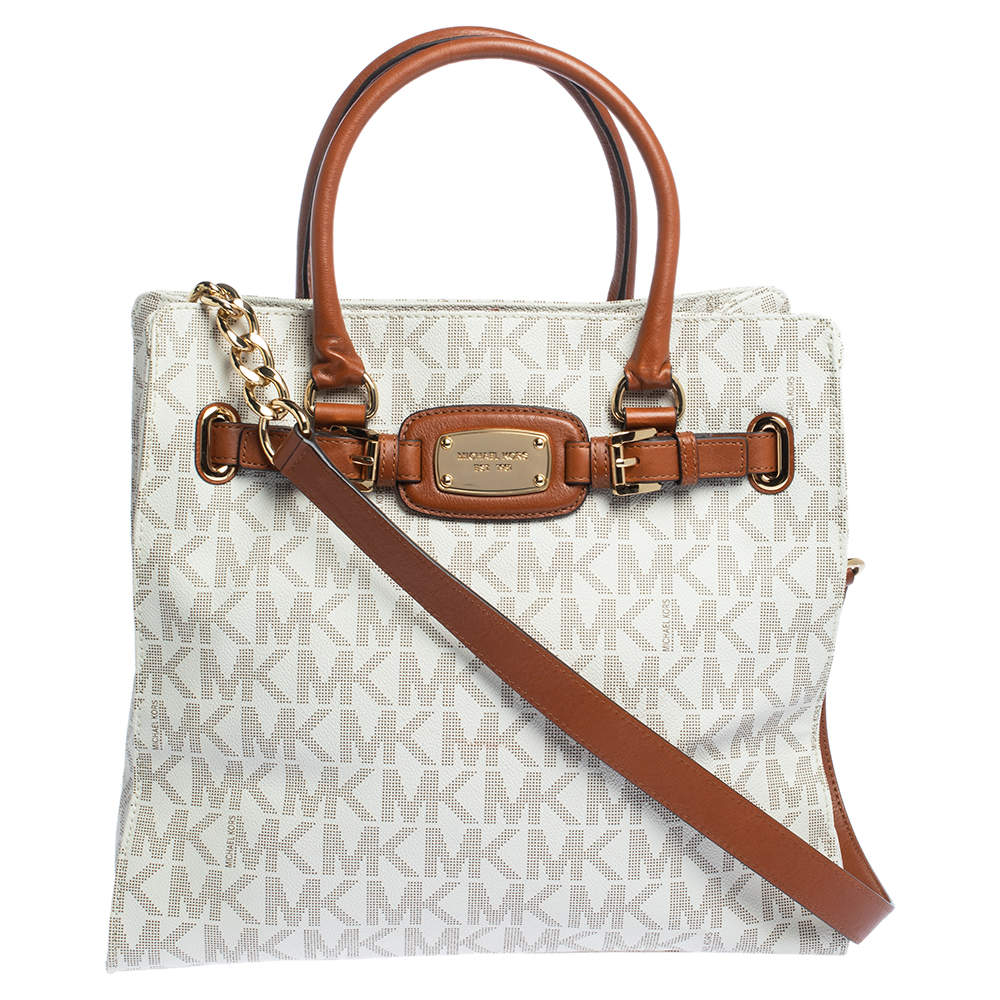 Michael Michael Kors Cream/Brown Coated Canvas and Leather East West Hamilton Tote