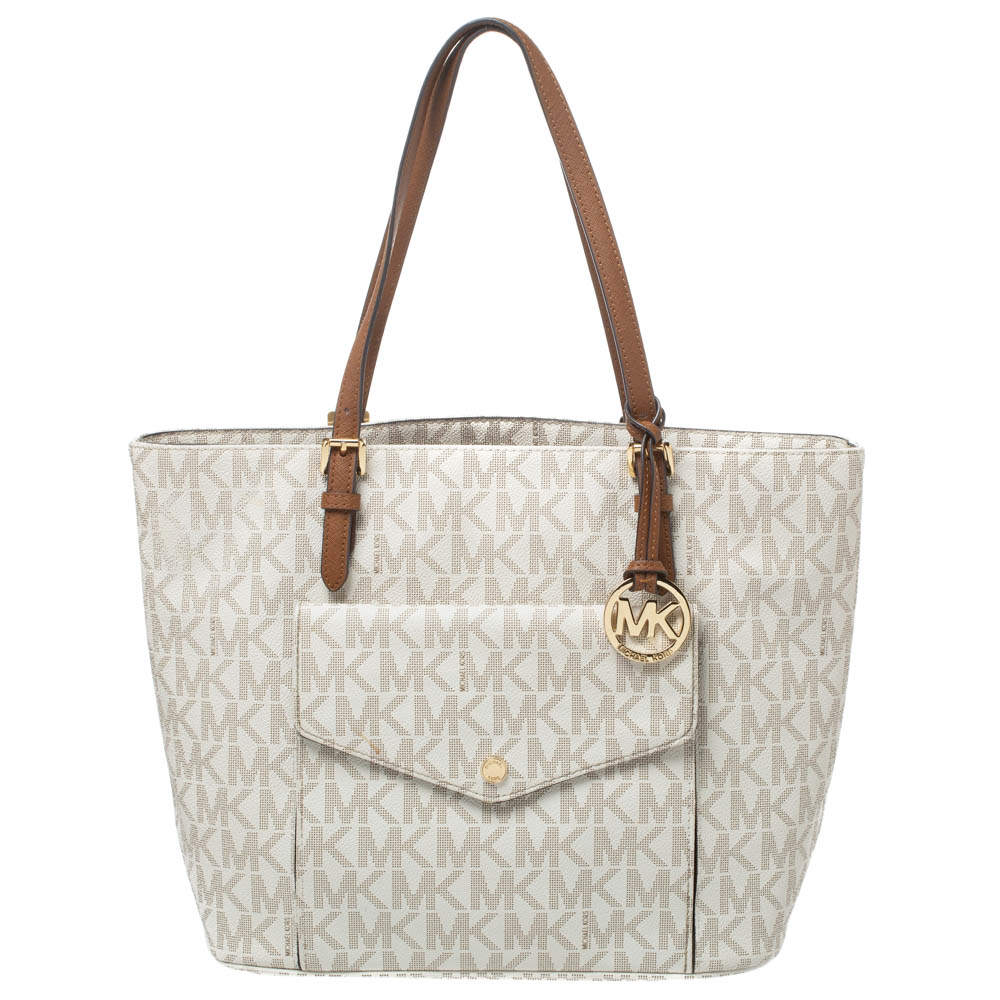 Pre Owned Michael Michael Kors White Signature Coated Canvas Jet Set Pocket Tote