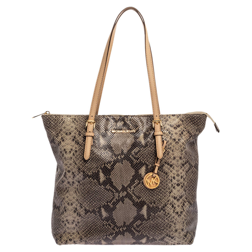 Pre Owned Michael Kors Beige/Black Snakeskin Effect Leather Jet Set Tote