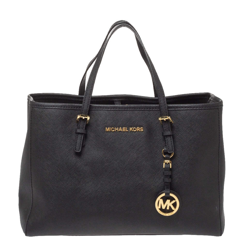 Pre Owned Michael Michael Kors Black Leather Jet Set Tote 