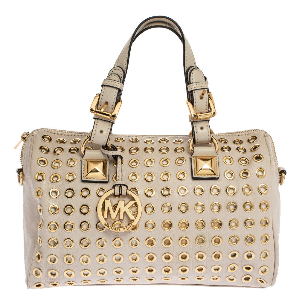 Pre Owned Michael Michael Kors Cream Leather Grayson Grommet Satchel