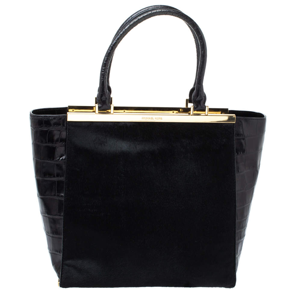 Pre Owned MICHAEL Michael Kors Black Calf Hair and Croc Embossed Leather Large Lana Tote