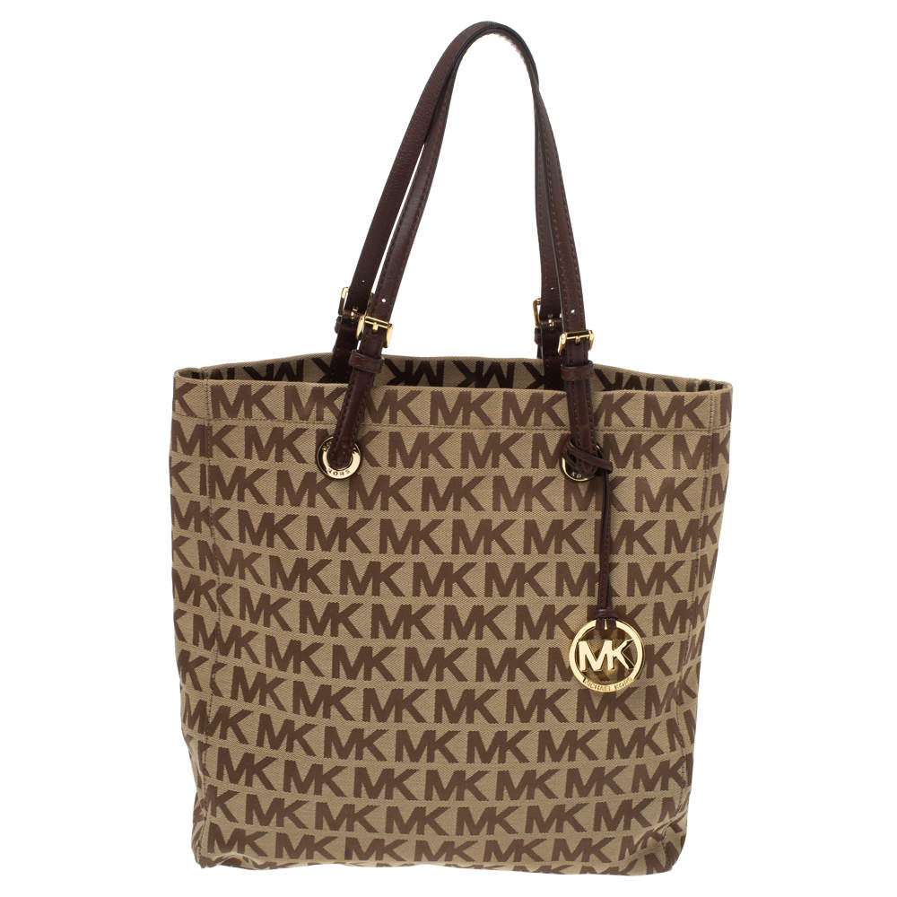 Pre Owned MICHAEL Michael Kors Brown Canvas and Leather Jet Set North South Logo Tote