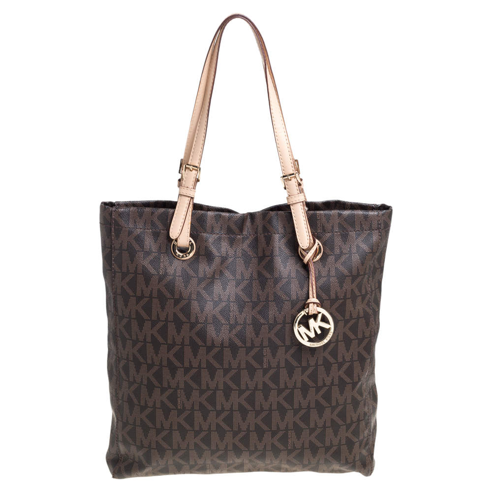 مملوكة مسبقًا MICHAEL Michael Kors Brown Coated Canvas and Leather Jet Set Tote