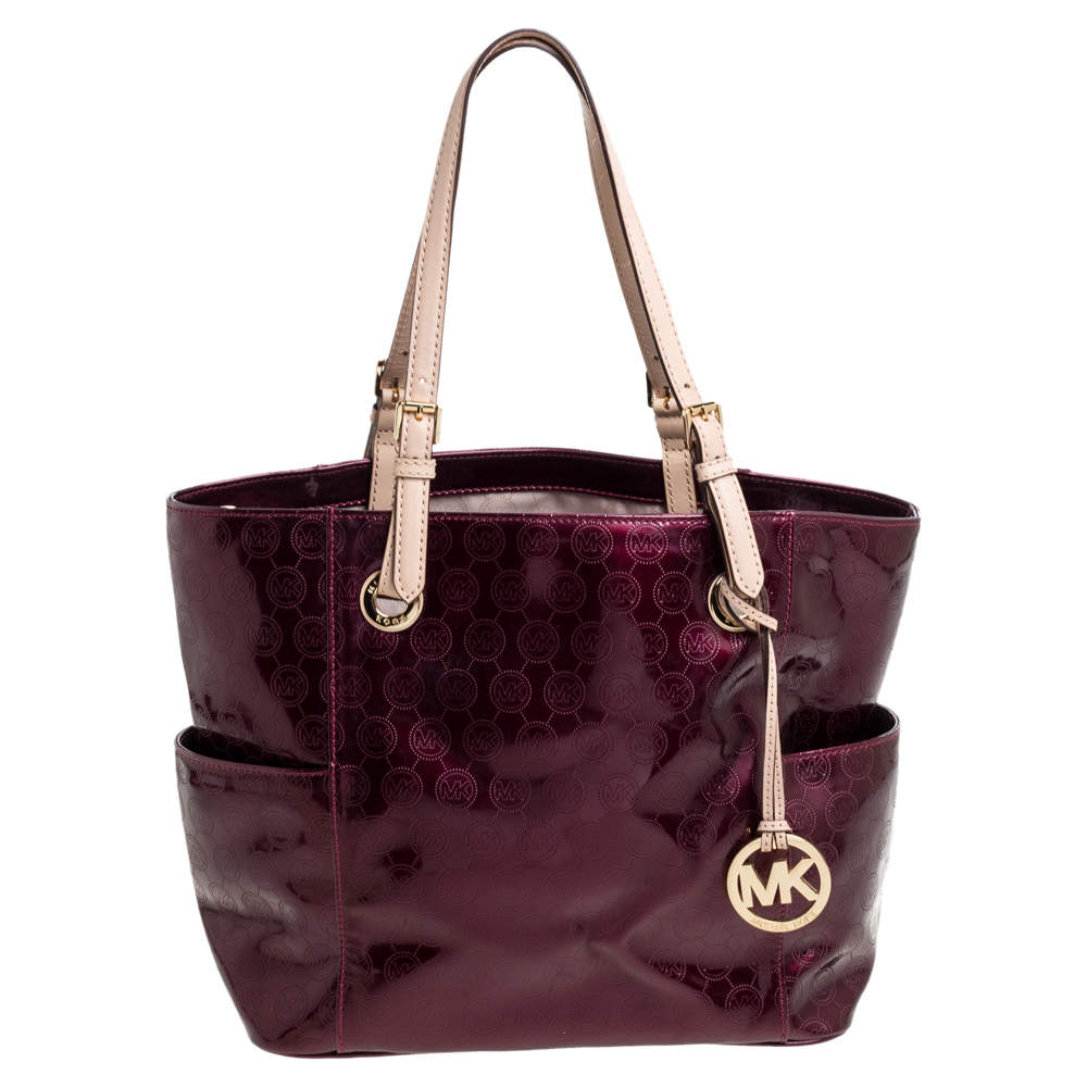 Pre Owned MICHAEL Michael Kors Purple Perforated Signature Patent Leather Middle Zip Tote