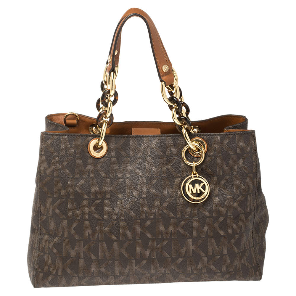 MICHAEL Michael Kors Brown Signature Coated Canvas Medium Cynthia Tote ...