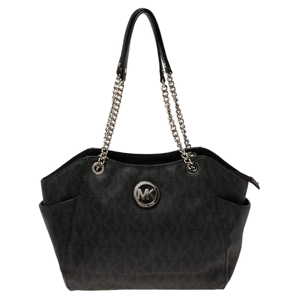 Pre Owned MICHAEL Micheal Kors Black Signature Canvas Jet Set Travel Chain Tote