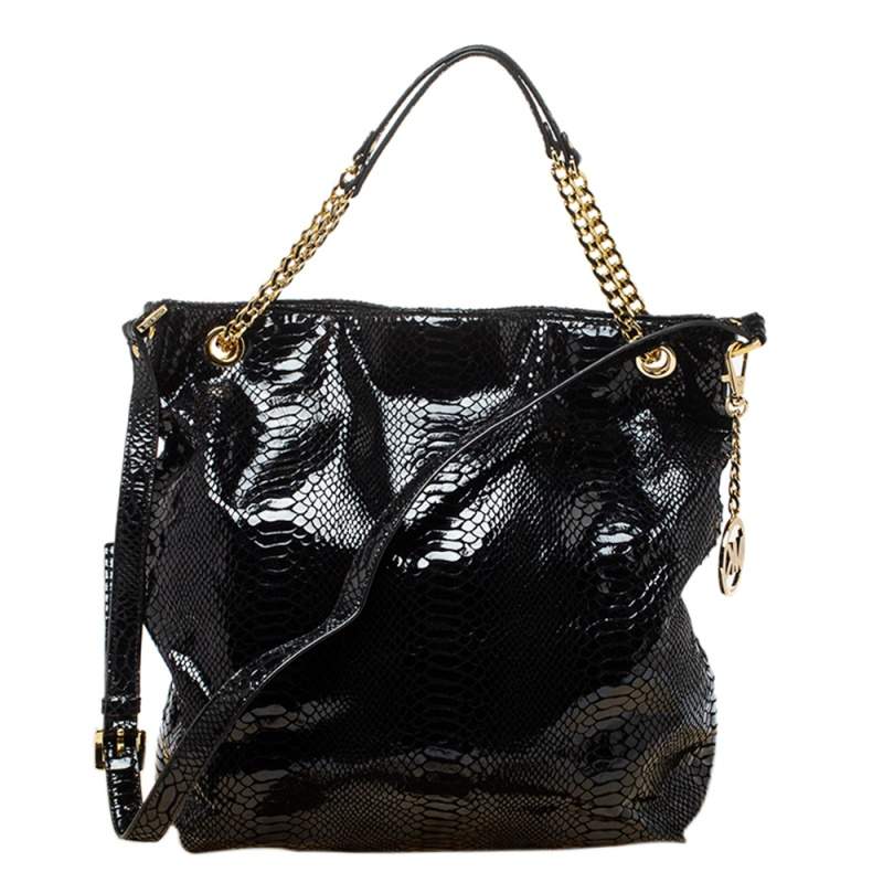 Pre Owned حقيبة كتف مايكل مايكل كورس سلسلة جلد لامعة نمط ثعبان سوداء