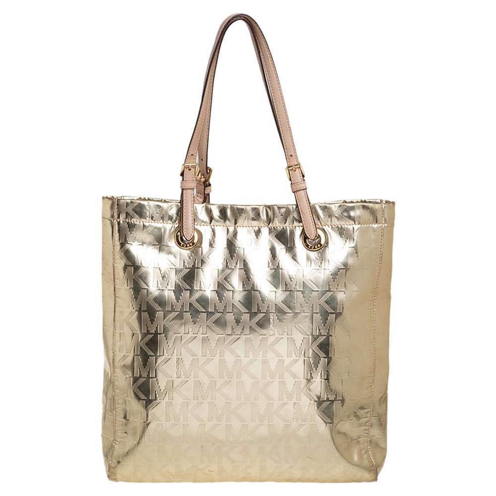 MICHAEL Michael Kors Metallic Gold Mirror Signature PVC and Leather North  South Jet Set Tote MICHAEL Michael Kors