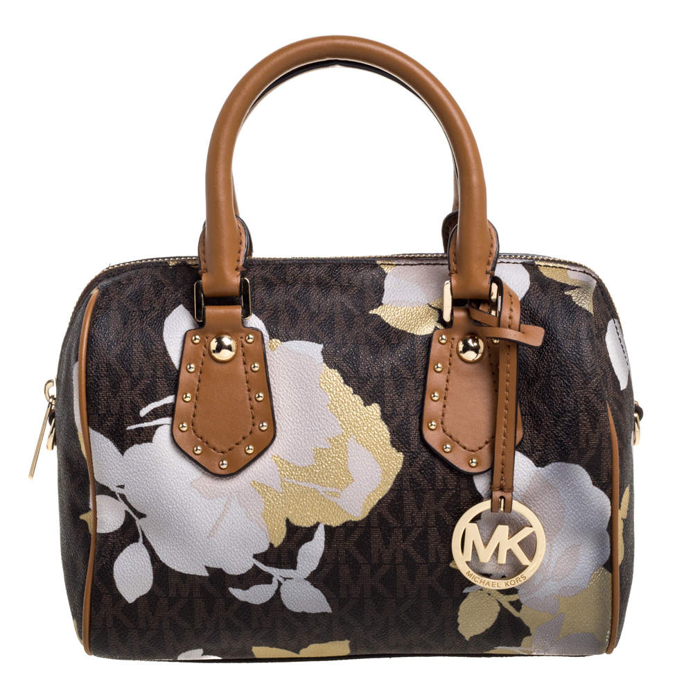 MICHAEL Michael Kors Brown Signature Floral Coated Canvas and Leather Small Aria  Satchel MICHAEL Michael Kors | TLC
