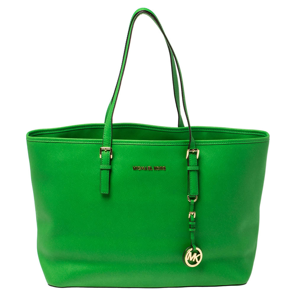 Pre Owned MICHAEL Michael Kors Green Saffiano Leather Jet Set Tote