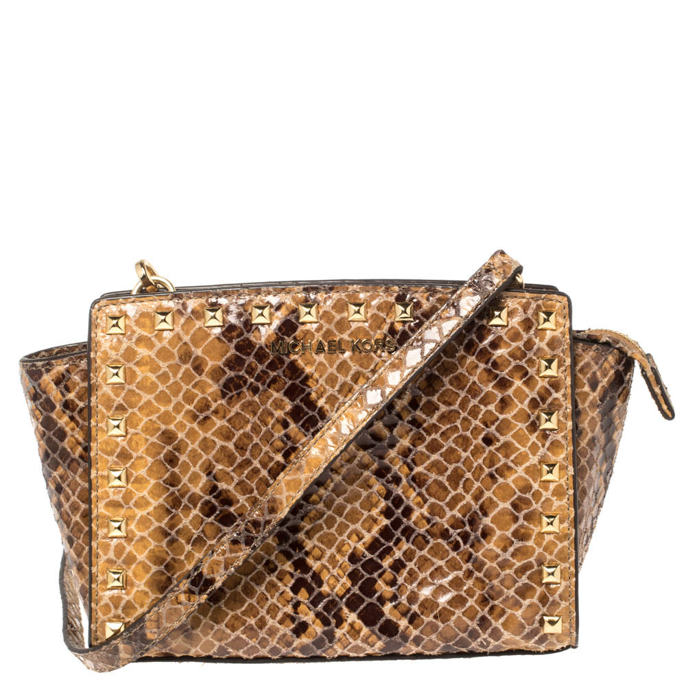 Pre Owned MICHAEL Michael Kors Tan/Black Python Effect Patent Leather Medium Selma Crossbody Bag