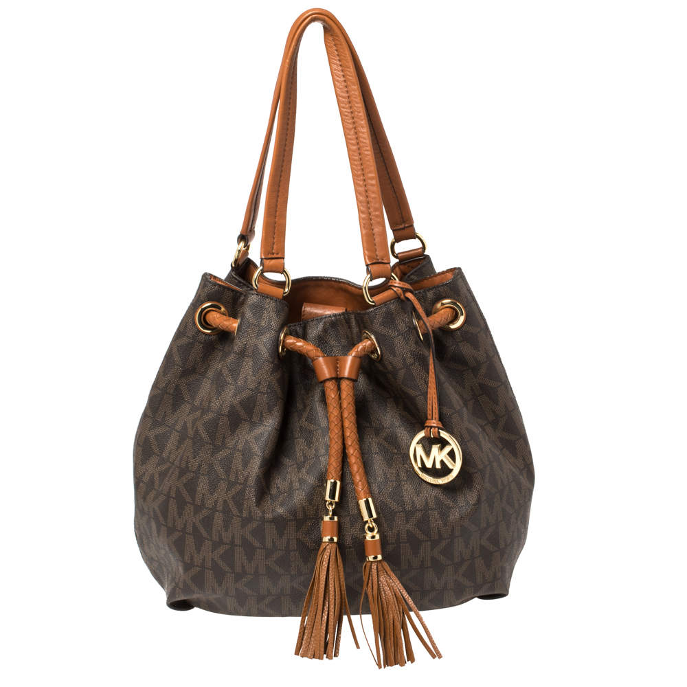 Pre Owned MICHAEL Michael Kors Brown/Tan Signature Coated Canvas and Leather Jet Set Drawstring Bag