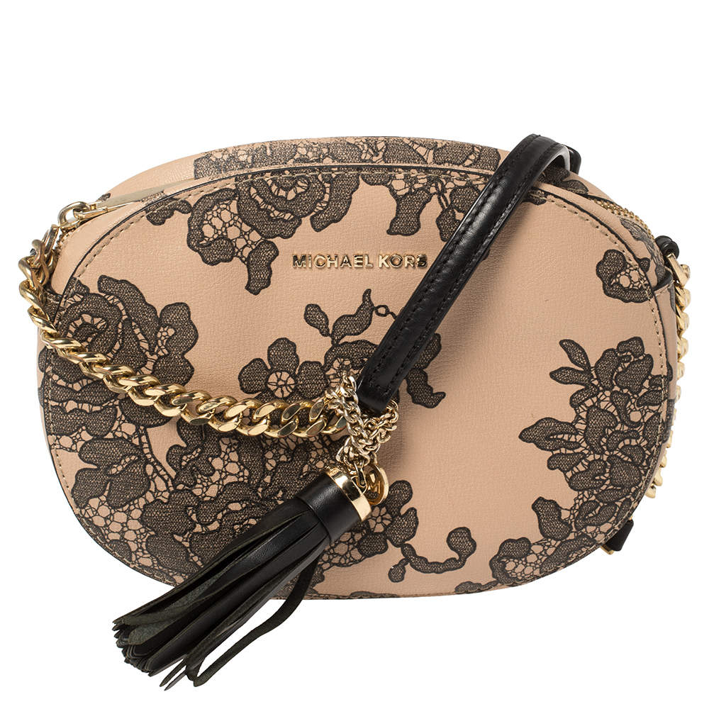 Pre Owned MICHAEL Michael Kors Peach/Black Printed Leather Crossbody Bag