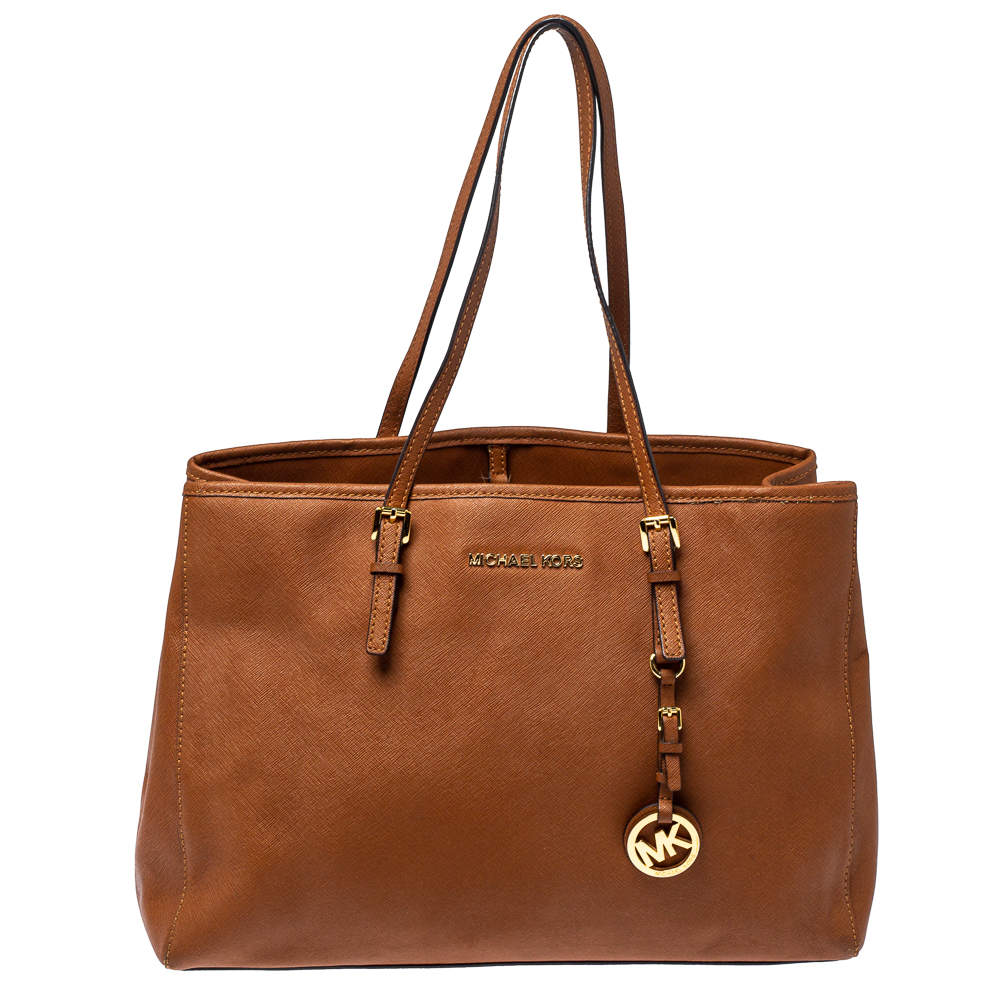 Pre Owned MICHAEL Michael Kors Brown Saffiano Leather Medium Jet Set Tote