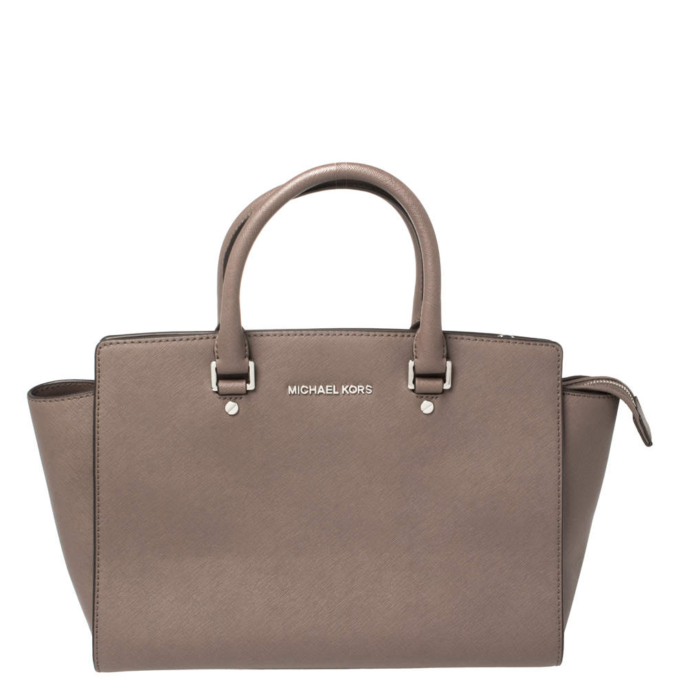 Pre Owned MICHAEL Michael Kors Dark Beige Leather Large Selma Tote