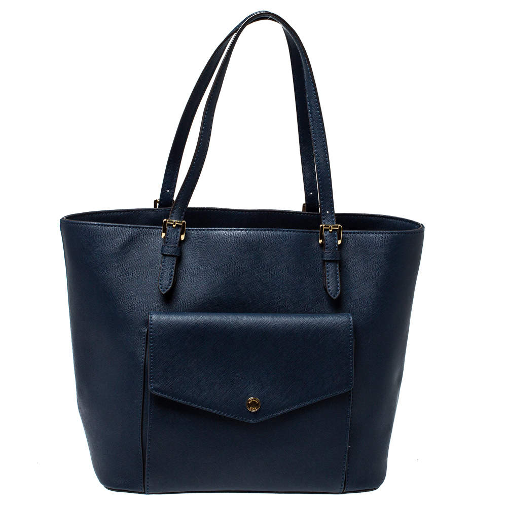 Pre Owned MICHAEL Michael Kors Navy Blue Leather Front Pocket Tote