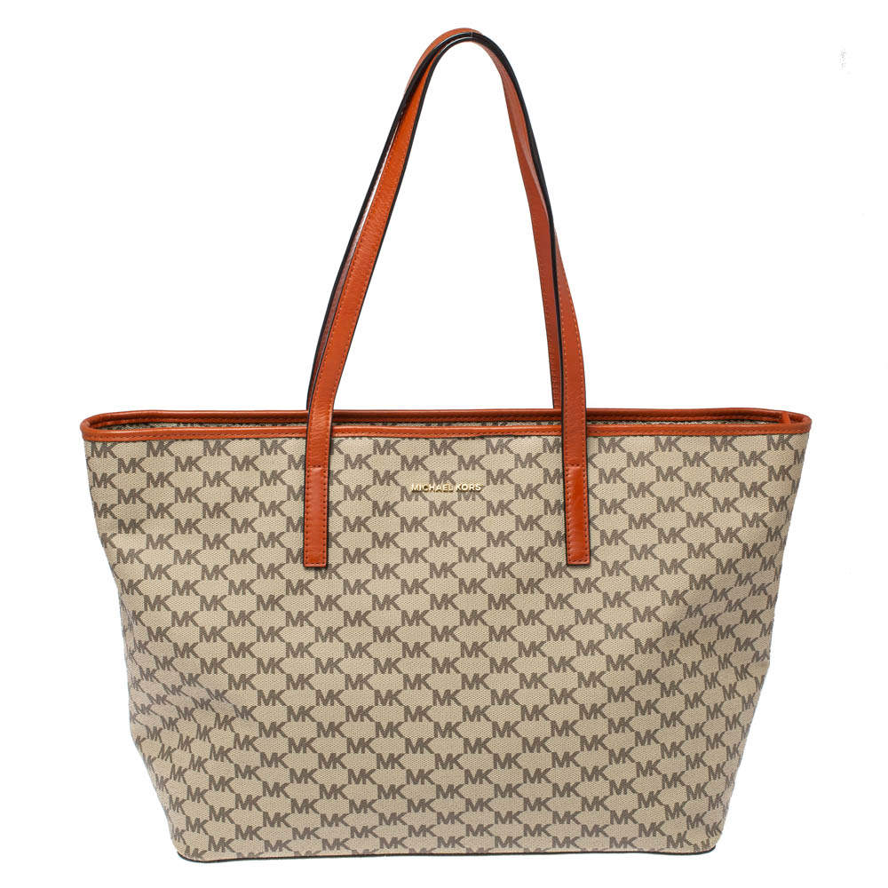 Pre Owned MICHAEL Michael Kors Beige/Orange Signature Coated Canvas and Leather Large Emry Tote 