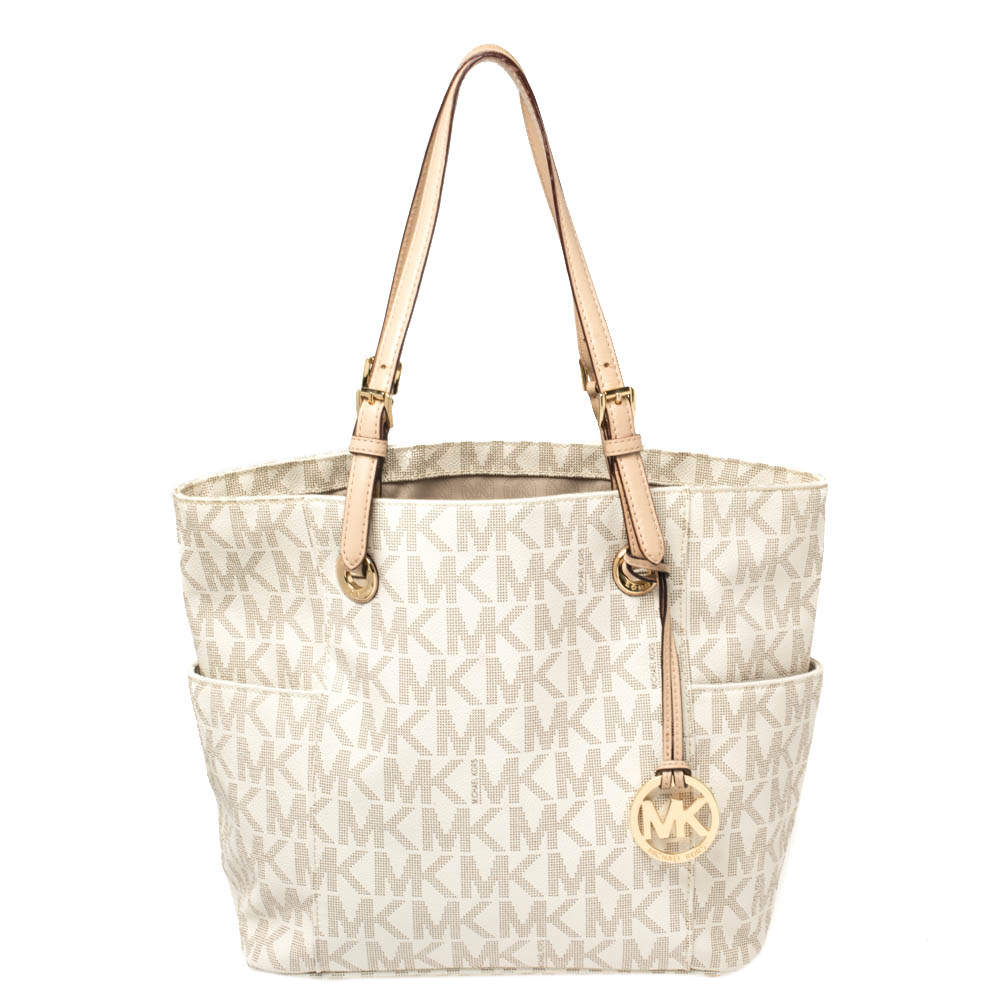 مملوكة مسبقًا MICHAEL Michael Kors White Signature Coated Canvas and Leather Jet Set East West Tote