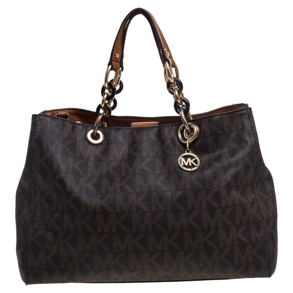 Pre Owned MICHAEL Michael Kors Brown Signature Coated Canvas Medium Cynthia Tote