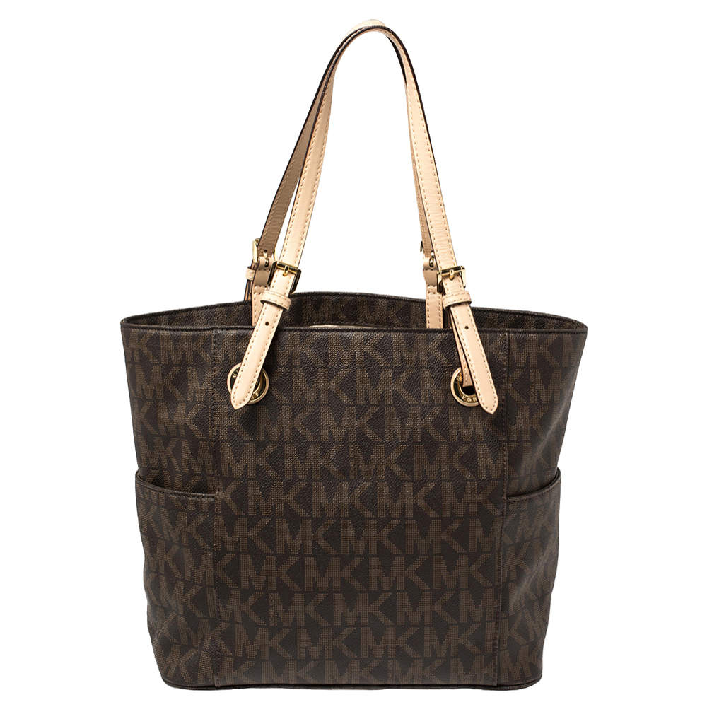 Michael Kors Logo Jet Set Signature Monogram East West Tote Mocha Brown