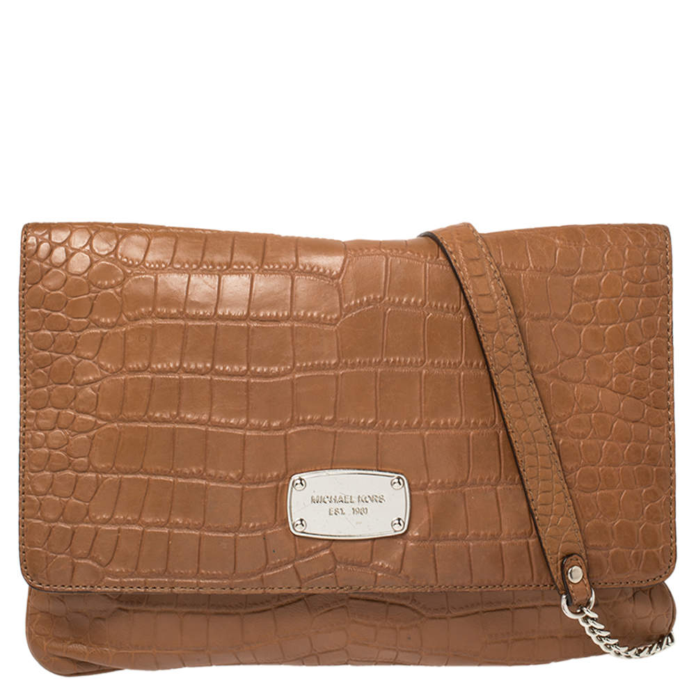 مملوكة مسبقًا MICHAEL Michael Kors Brown Croc Embossed Leather Sloan Shoulder Bag