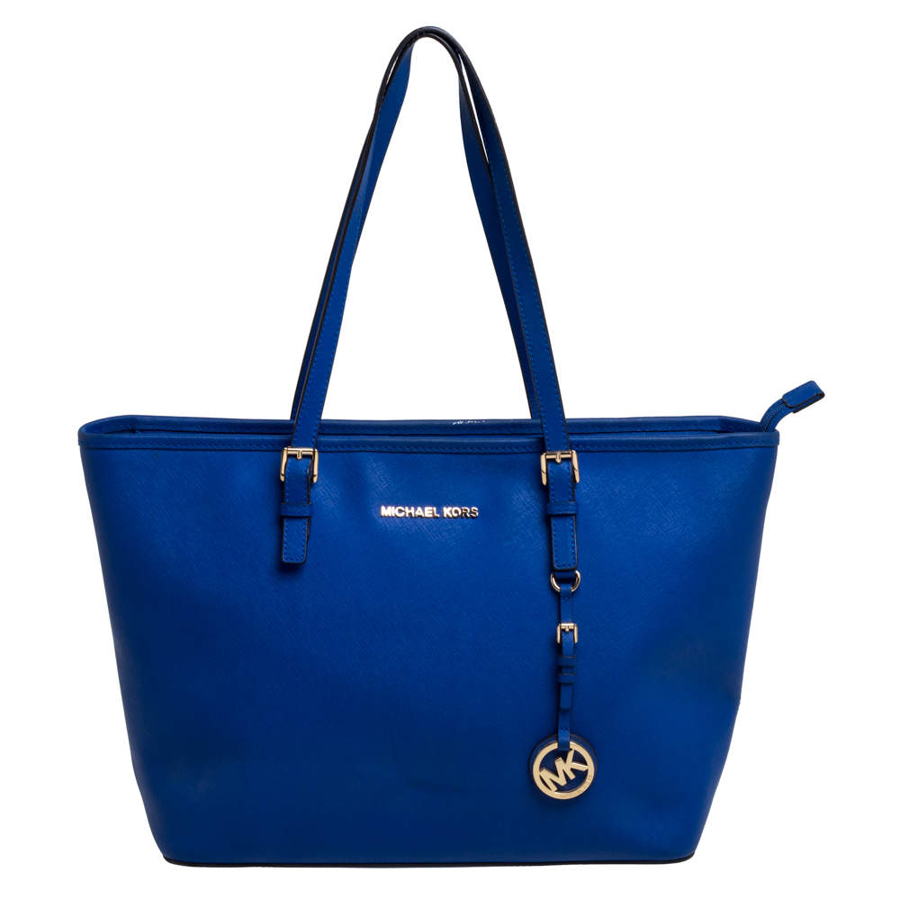 Pre Owned MICHAEL Michael Kors Blue Saffiano Leather Jet Set Travel Tote