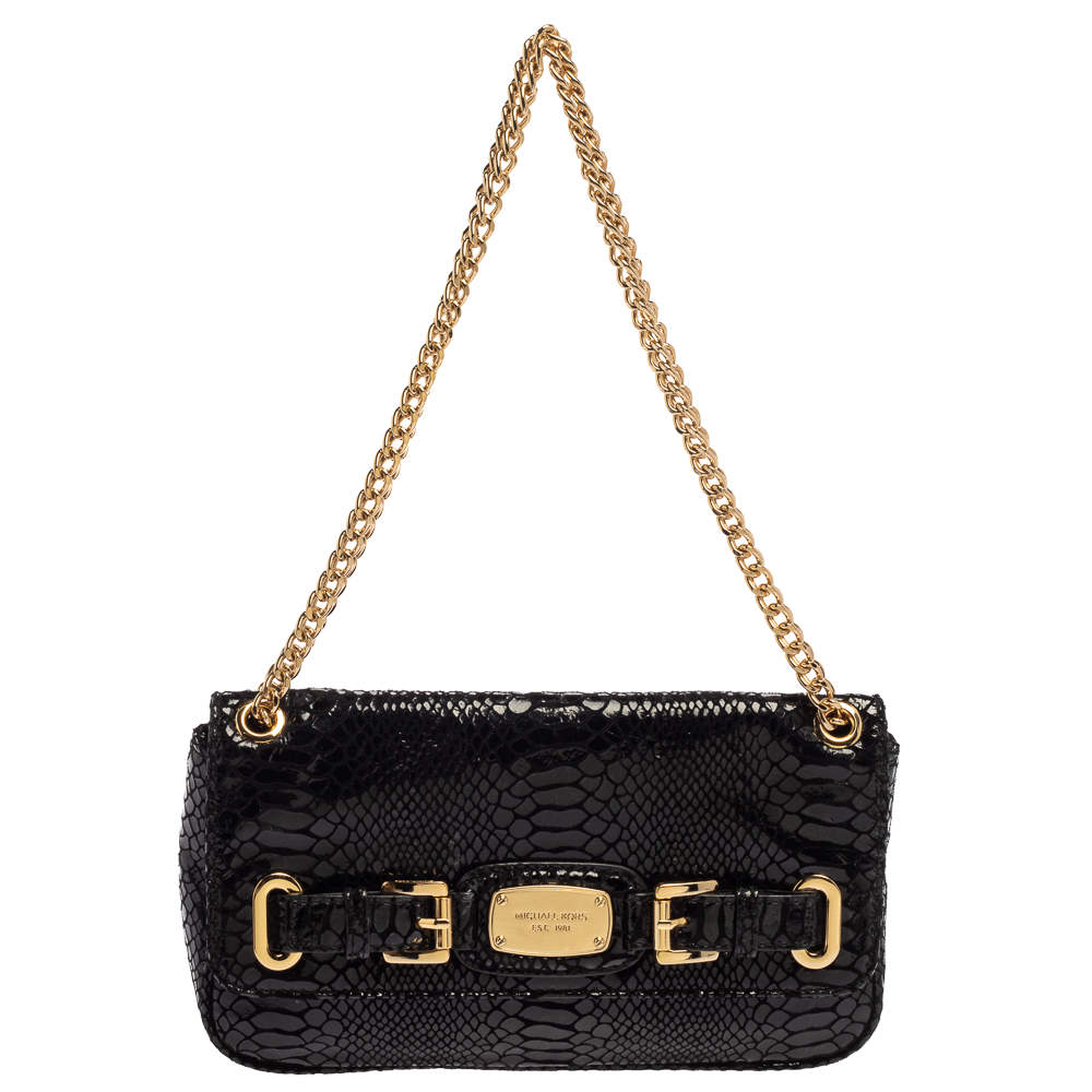 Pre Owned MICHAEL Michael Kors Black Python Effect Leather Hamilton Flap Shoulder Bag