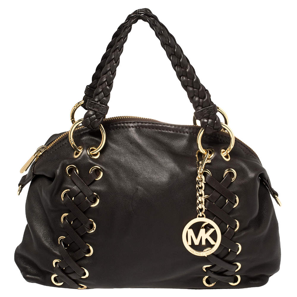 Pre Owned MICHAEL Michael Kors Dark Brown Leather Braided Handle Satchel