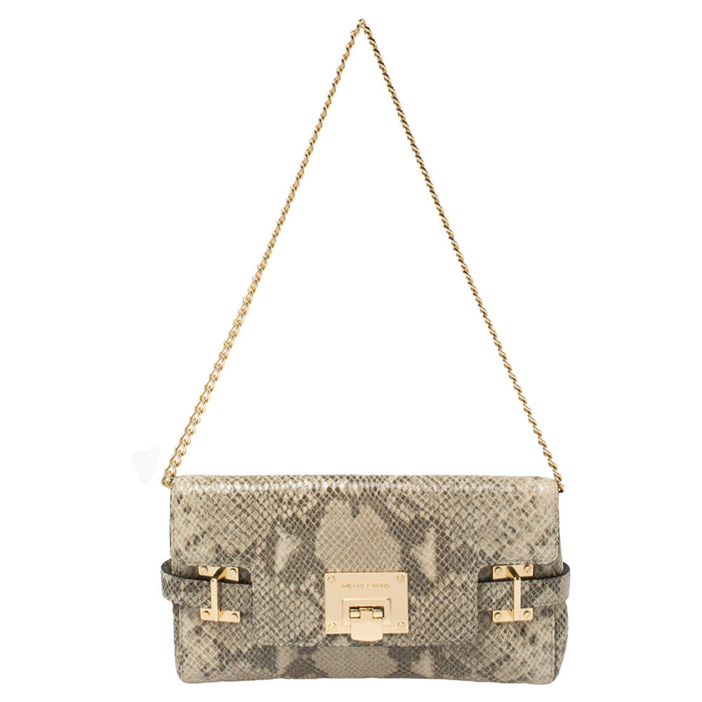 Michael Kors Beige Snake Embossed Leather Chain Clutch