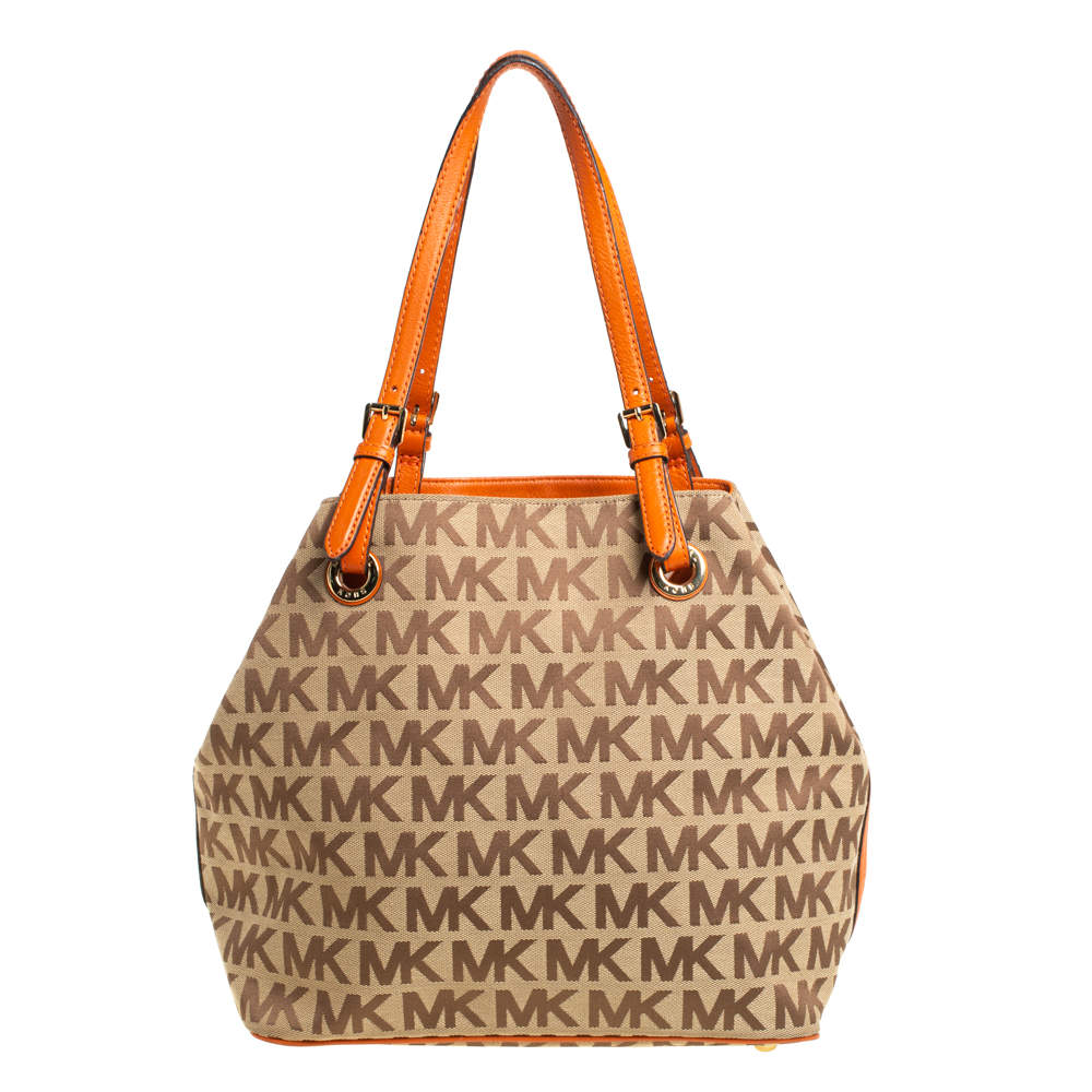 Pre Owned حقيبة يد مايكل مايكل كورس جلد و كانفاس مطبوع نقشة شعار الماركة برتقالي و بيج