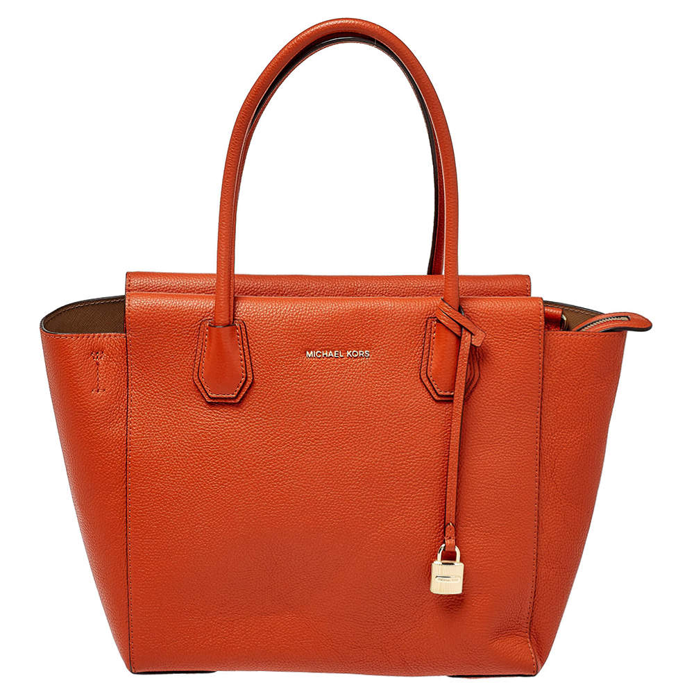 Pre Owned MICHAEL Michael Kors Orange Grained Leather Large Mercer Tote